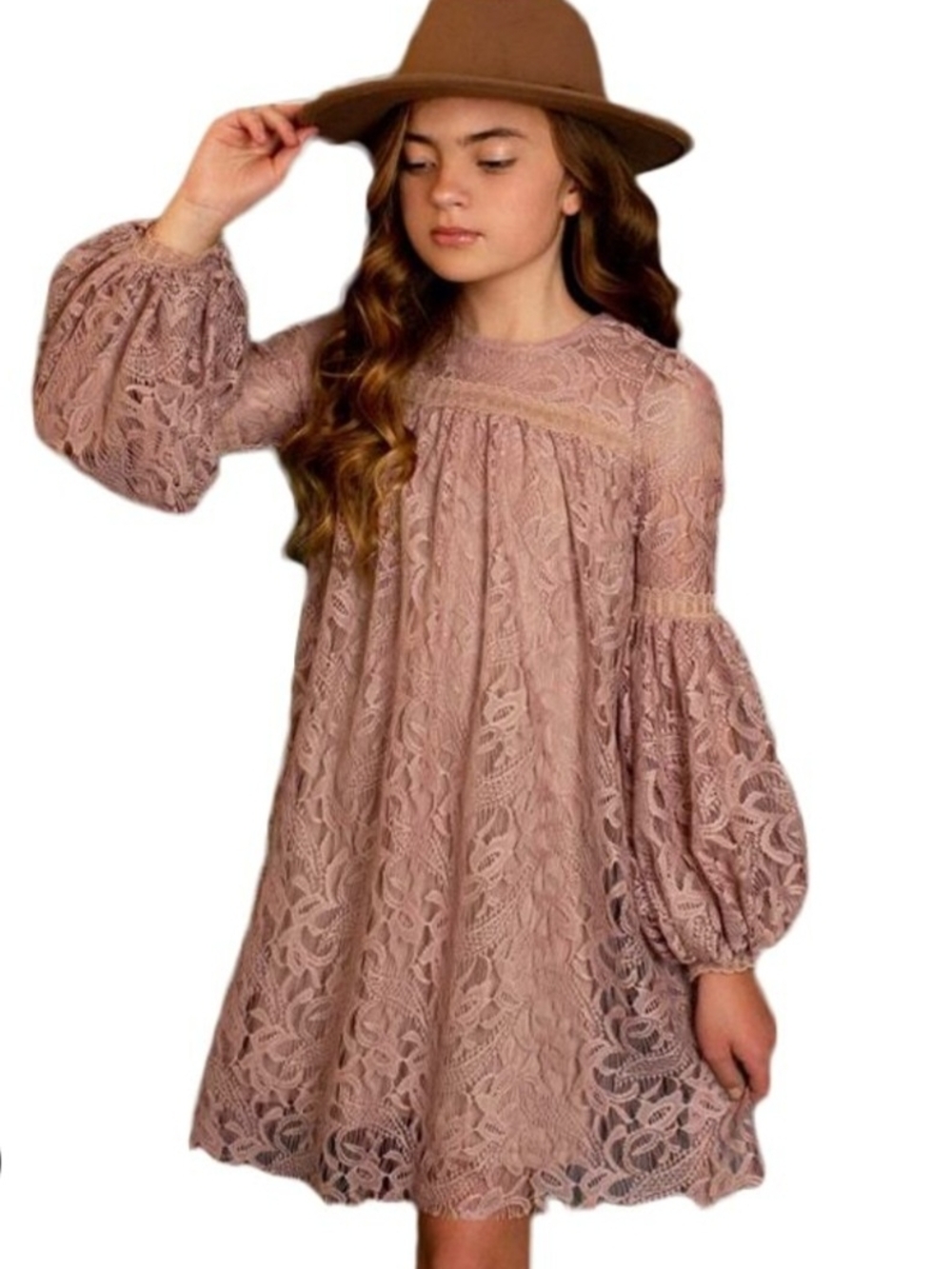 Girls Lace Balloon-Sleeve Dress in Dusty Rose